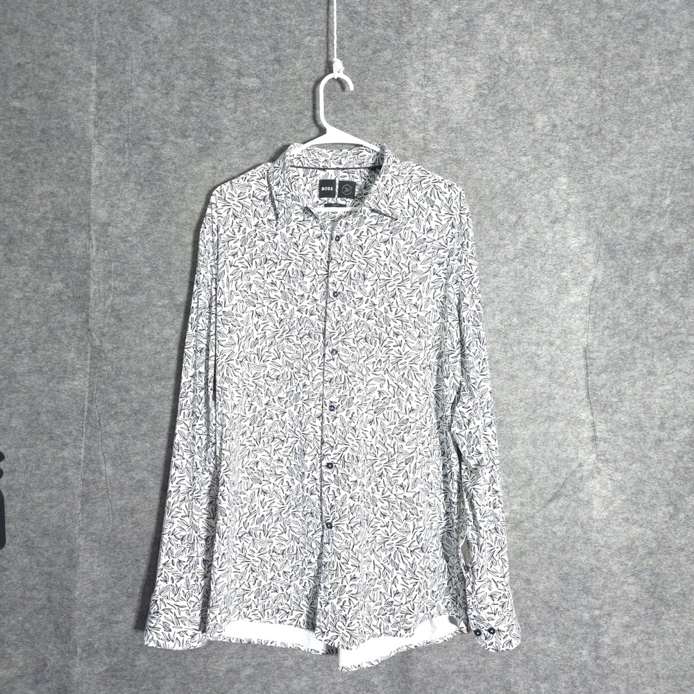 BOSS Performance Shirt Men XL White Navy Leaf Print Slim Fit Button Down Long Sl